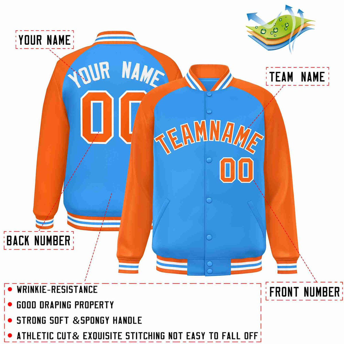 Custom Powder Blue Orange-White Raglan Sleeves Varsity Full-Snap Letterman Jacket