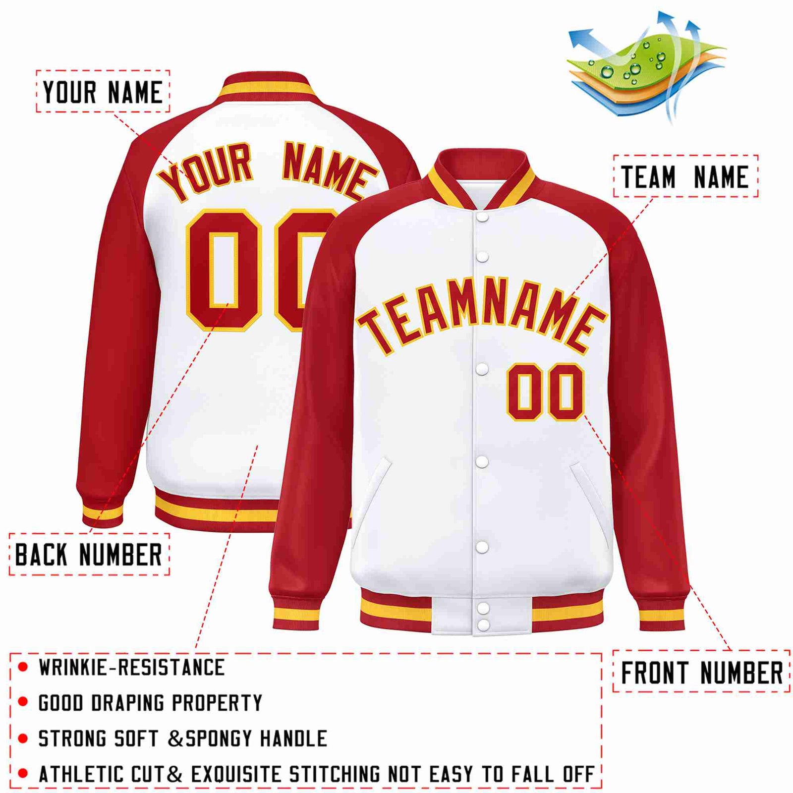 Custom White Red-Gold Raglan Sleeves Varsity Full-Snap Letterman Jacket