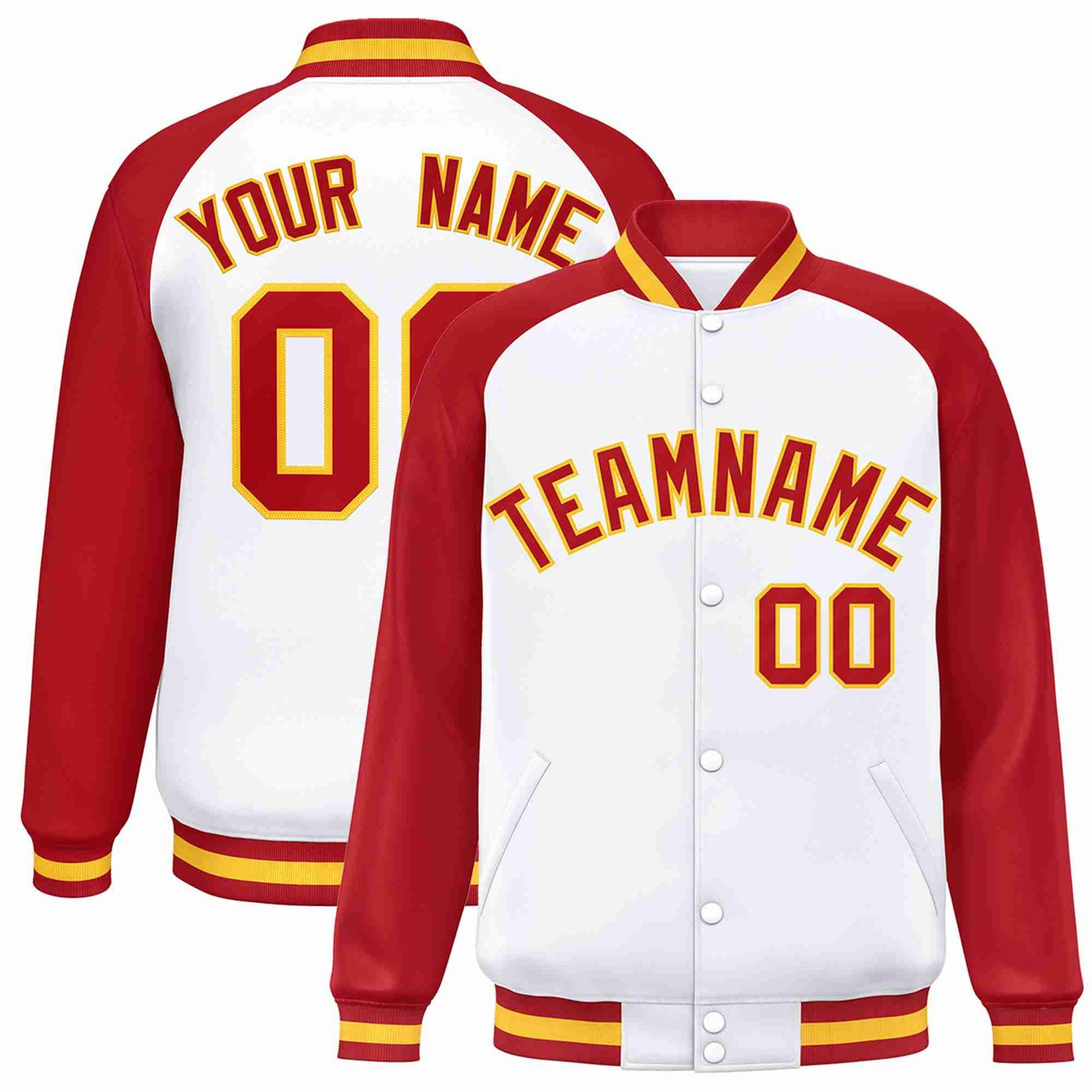Custom White Red-Gold Raglan Sleeves Varsity Full-Snap Letterman Jacket
