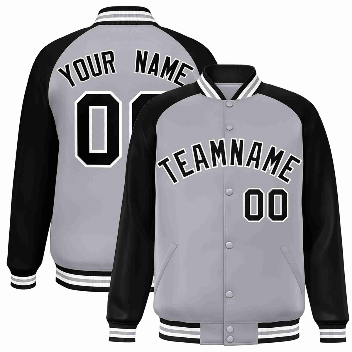 Custom Gray Black-White Raglan Sleeves Varsity Full-Snap Letterman Jacket