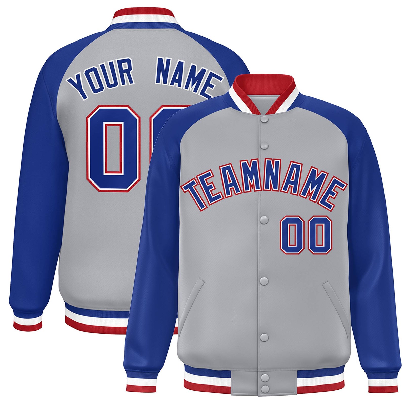 Custom Gray Royal-White Raglan Sleeves Varsity Full-Snap Letterman Jacket