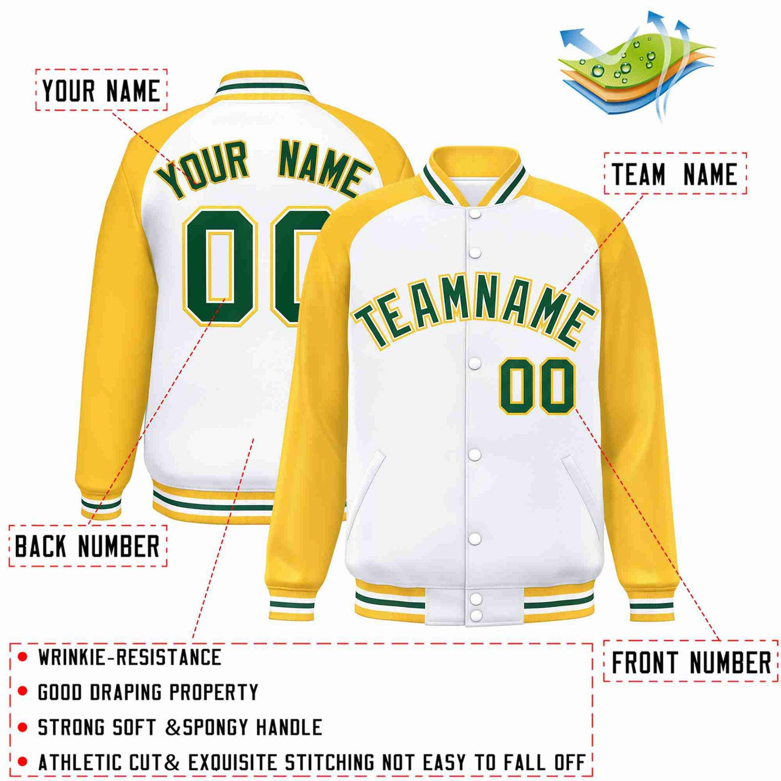 Custom White Green-White Raglan Sleeves Varsity Full-Snap Letterman Jacket