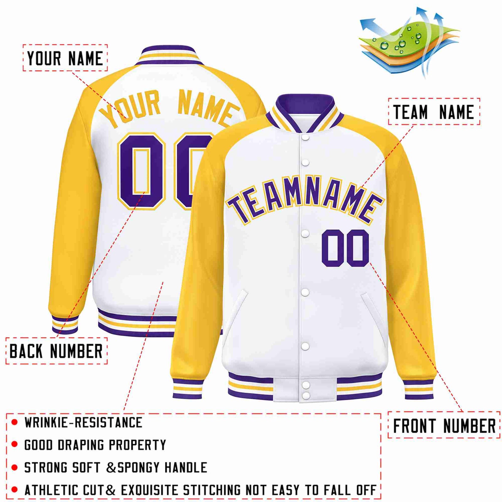 Custom White Purple-White Raglan Sleeves Varsity Full-Snap Letterman Jacket