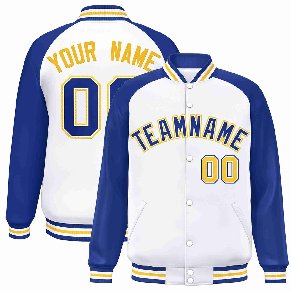 Custom White Royal-White Raglan Sleeves Varsity Full-Snap Letterman Jacket