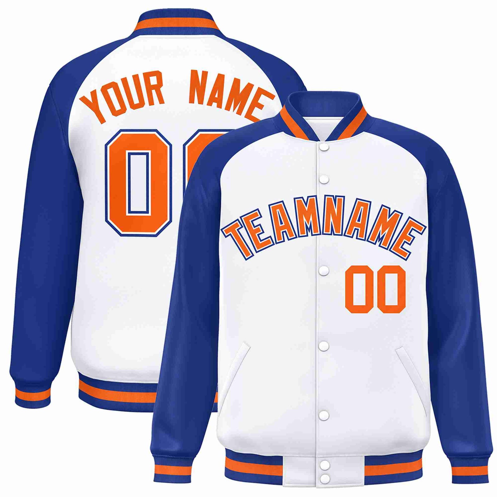Custom White Orange-White Raglan Sleeves Varsity Full-Snap Letterman Jacket