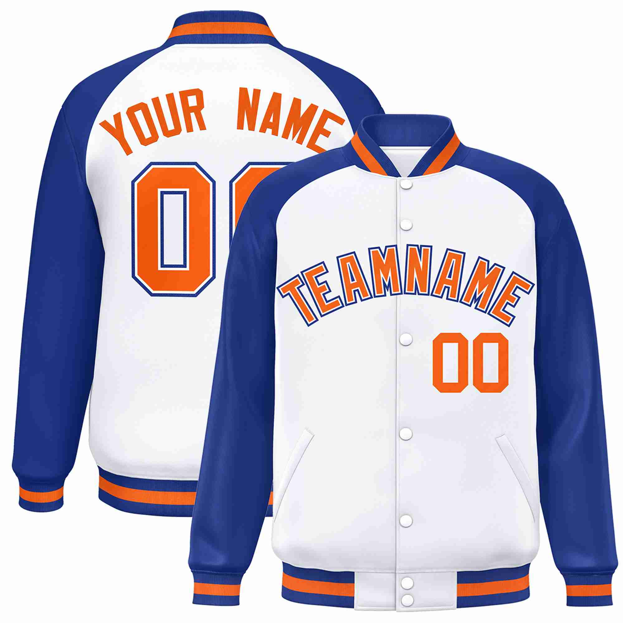 Custom White Orange-White Raglan Sleeves Varsity Full-Snap Letterman Jacket