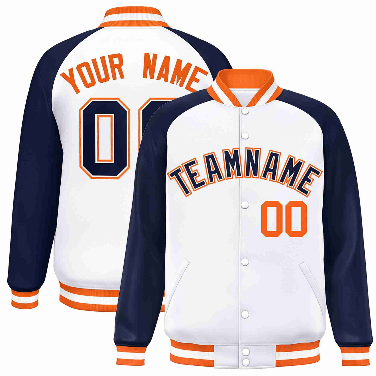Custom White Navy-White Raglan Sleeves Varsity Full-Snap Letterman Jacket