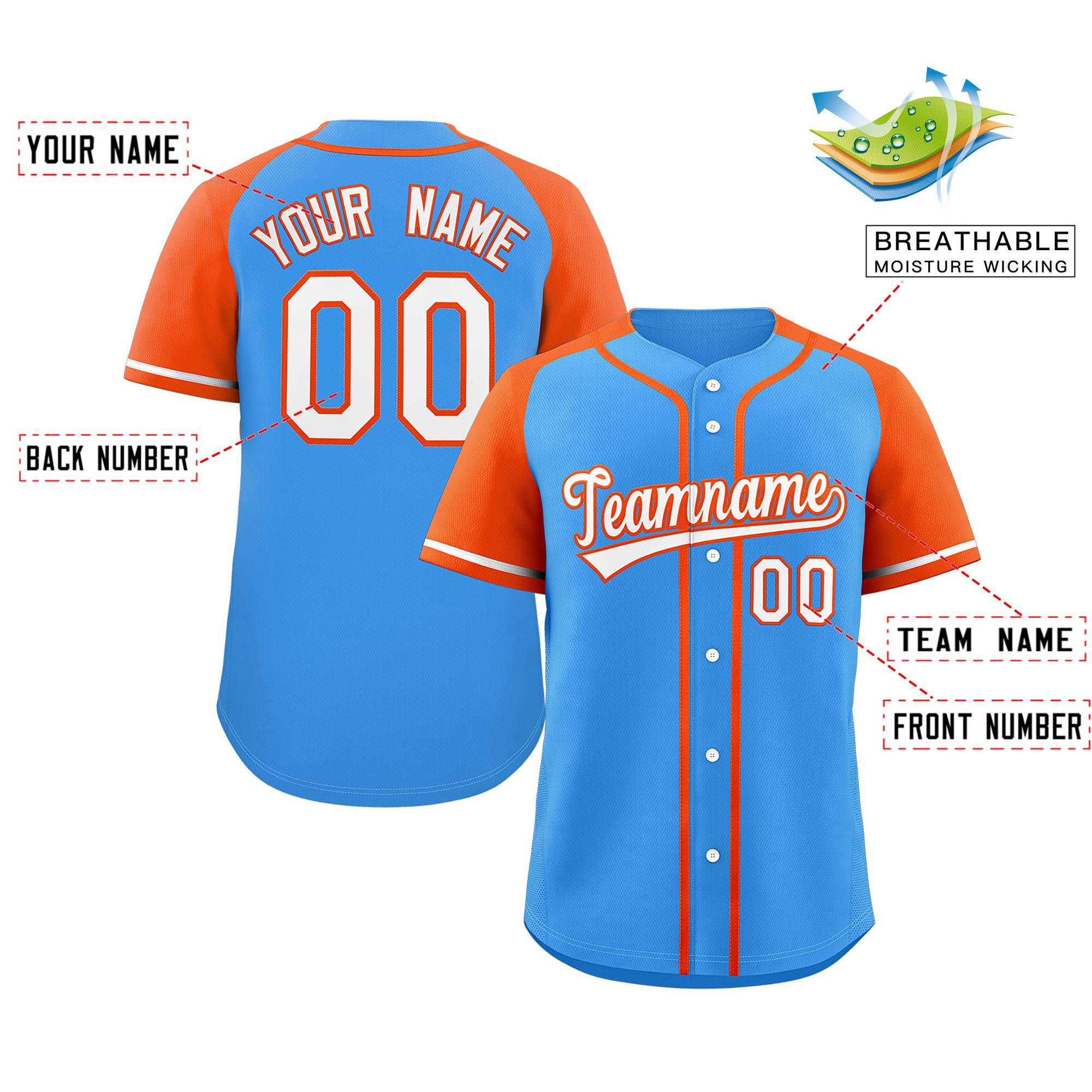Custom Powder Blue White-Orange Raglan Sleeves Authentic Baseball Jersey