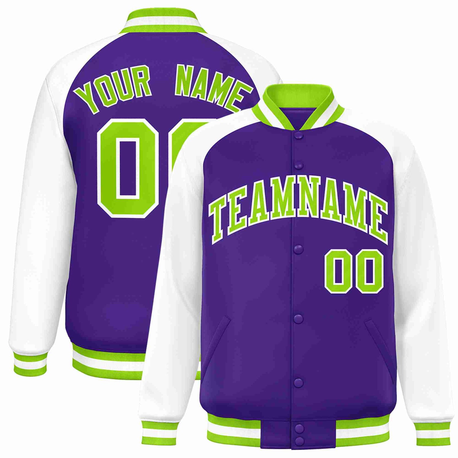 Custom Purple Neon Green-White Raglan Sleeves Varsity Full-Snap Letterman Jacket