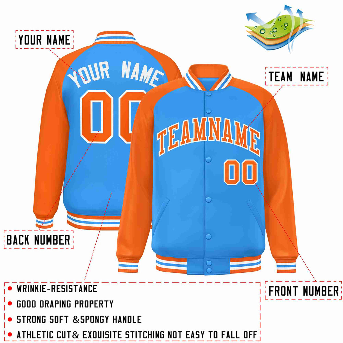 Custom Powder Blue Orange-White Raglan Sleeves Varsity Full-Snap Letterman Jacket