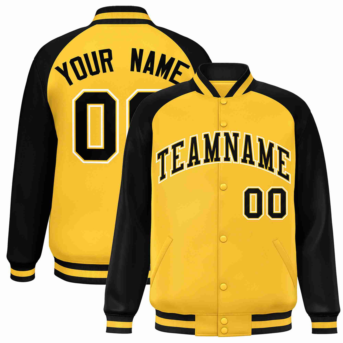 Custom Gold Black-Gold Raglan Sleeves Varsity Full-Snap Letterman Jacket