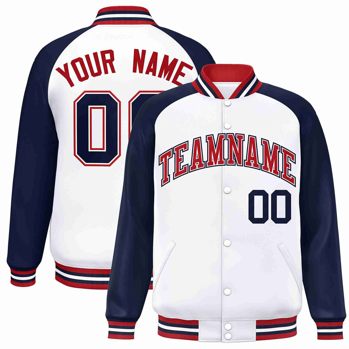 Custom White Red-White Raglan Sleeves Varsity Full-Snap Letterman Jacket
