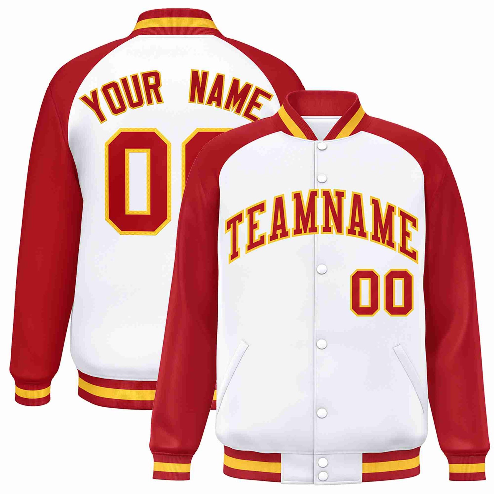 Custom White Red-Gold Raglan Sleeves Varsity Full-Snap Letterman Jacket
