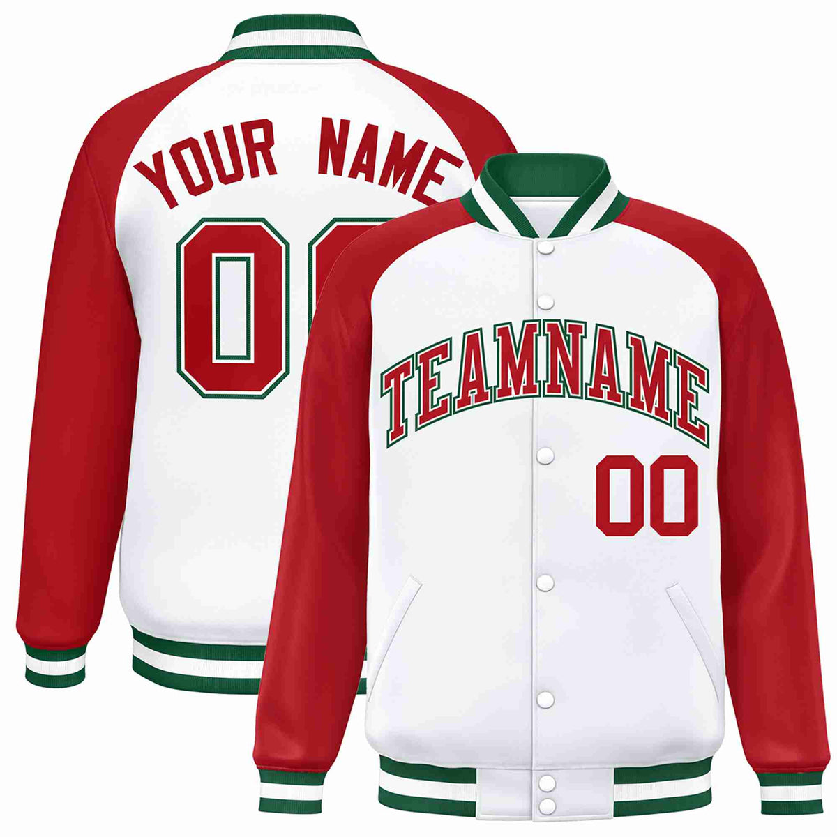 Custom White Red-White Raglan Sleeves Varsity Full-Snap Letterman Jacket