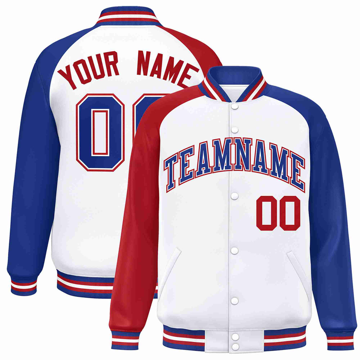 Custom White Royal-White Raglan Sleeves Varsity Full-Snap Letterman Jacket