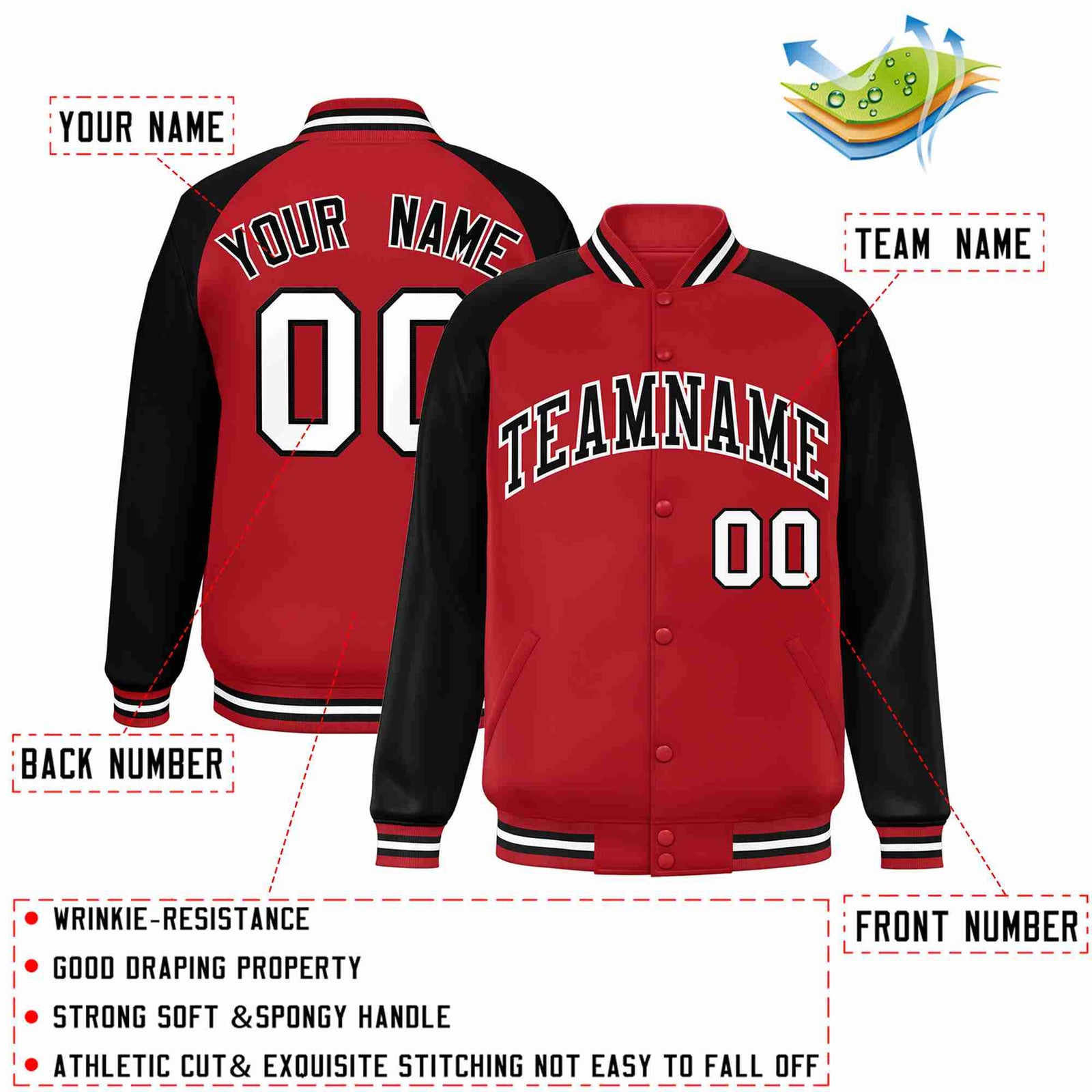 Custom Red Black-White Raglan Sleeves Varsity Full-Snap Letterman Jacket