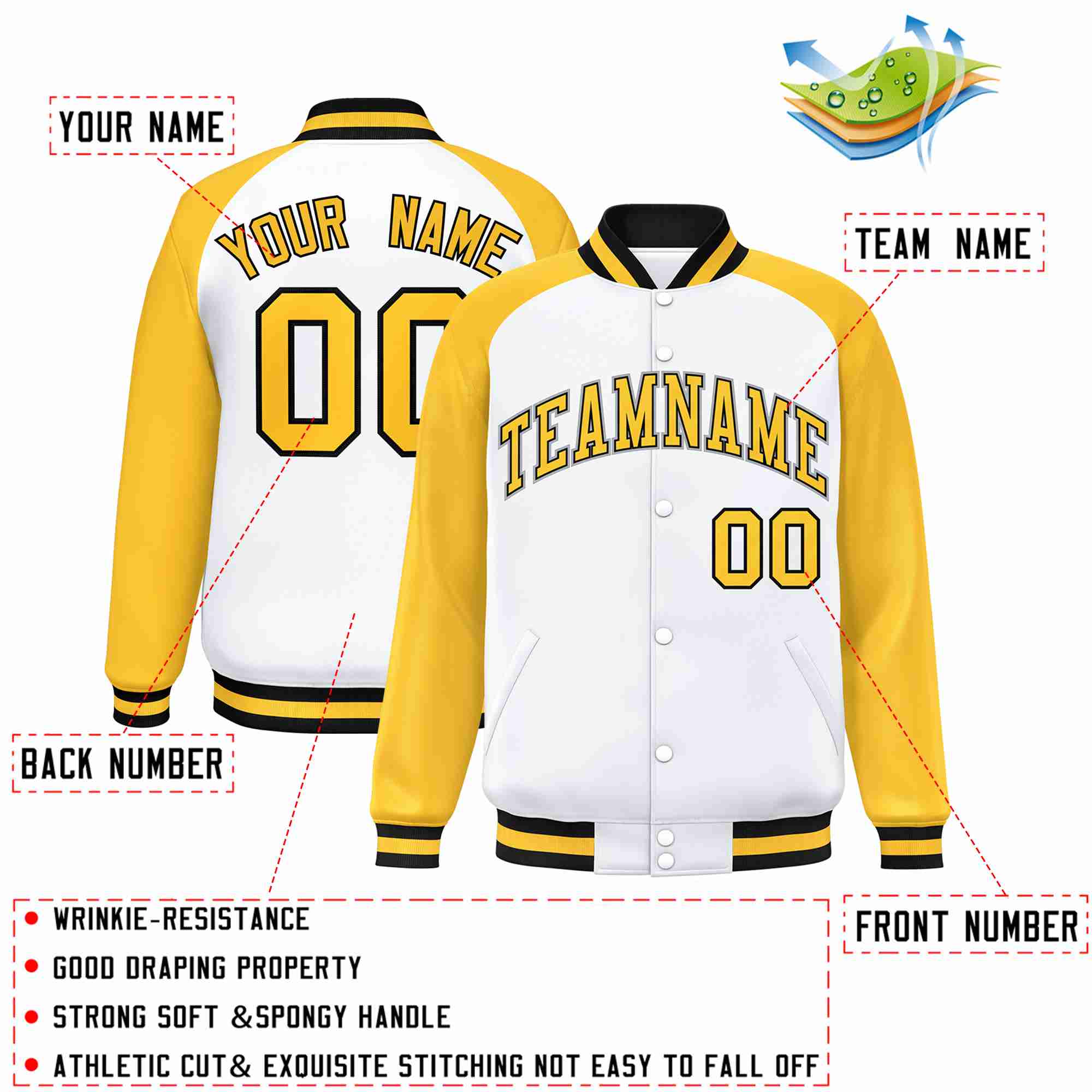 Custom White Gold-Black Raglan Sleeves Varsity Full-Snap Letterman Jacket