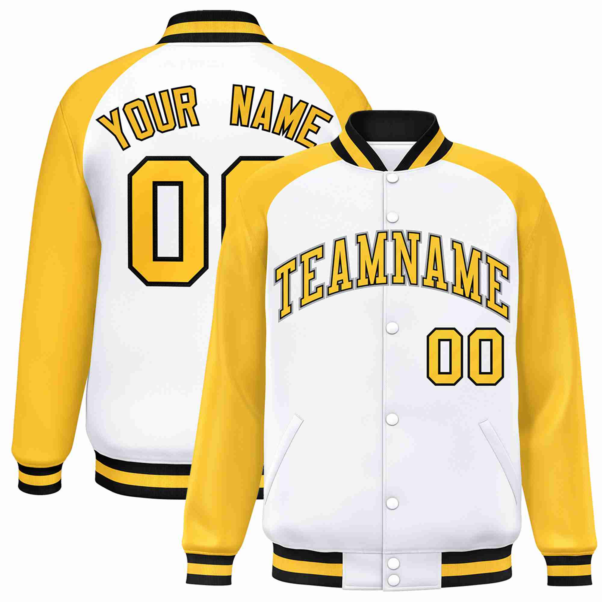 Custom White Gold-Black Raglan Sleeves Varsity Full-Snap Letterman Jacket