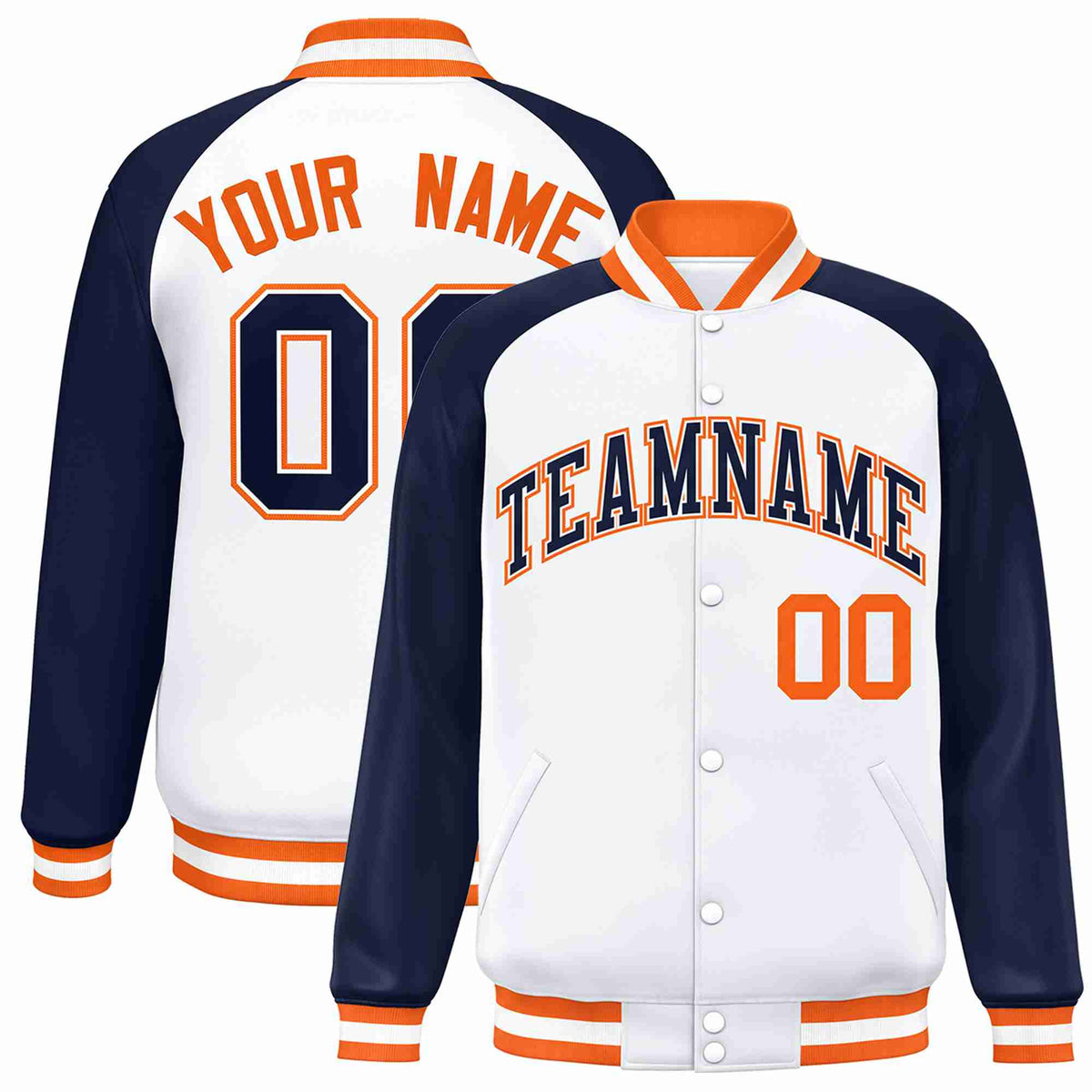 Custom White Navy-White Raglan Sleeves Varsity Full-Snap Letterman Jacket