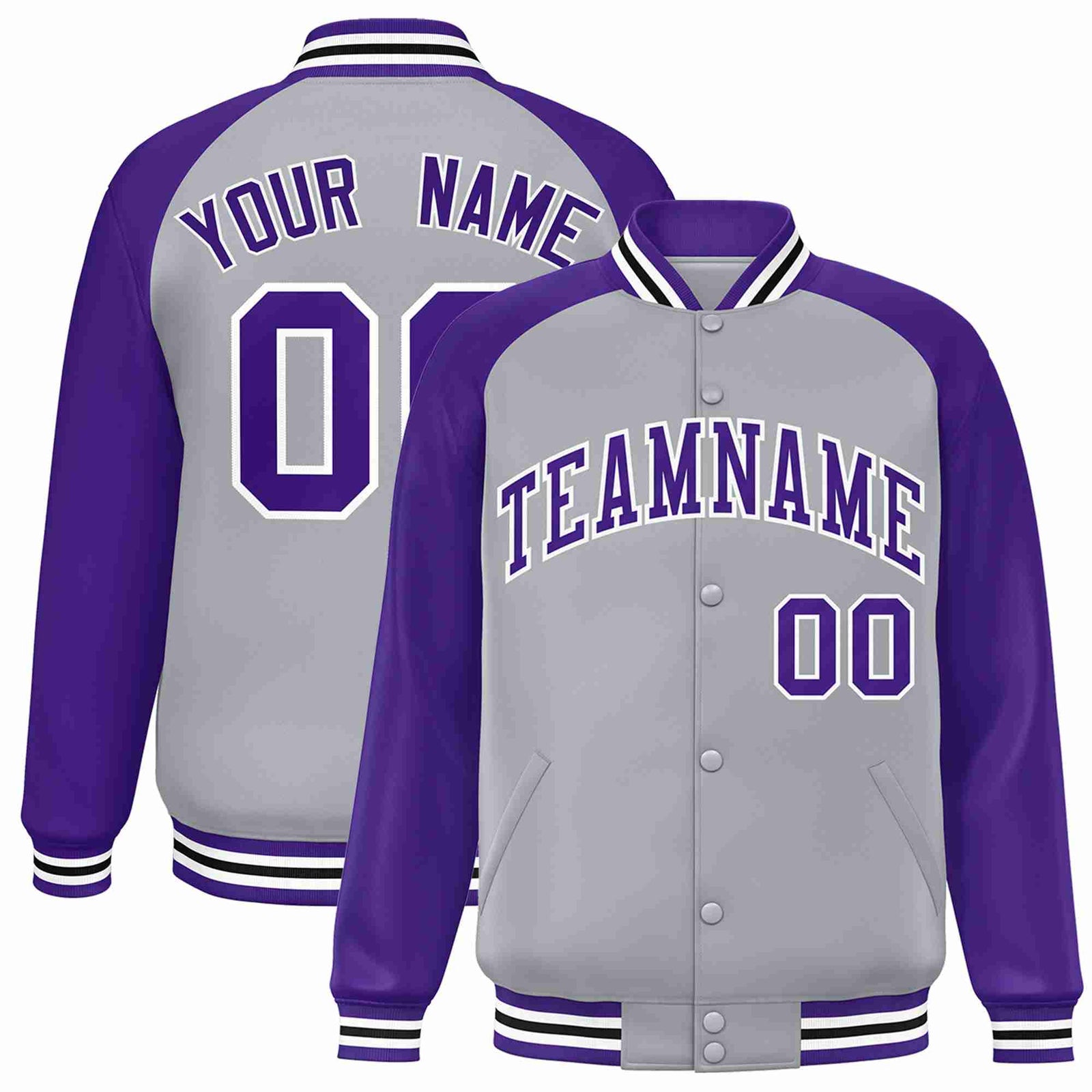 Custom Gray Purple-White Raglan Sleeves Varsity Full-Snap Letterman Jacket