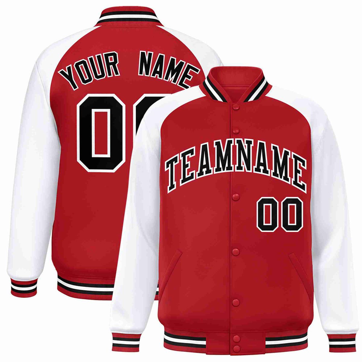 Custom Red Black-White Raglan Sleeves Varsity Full-Snap Letterman Jacket