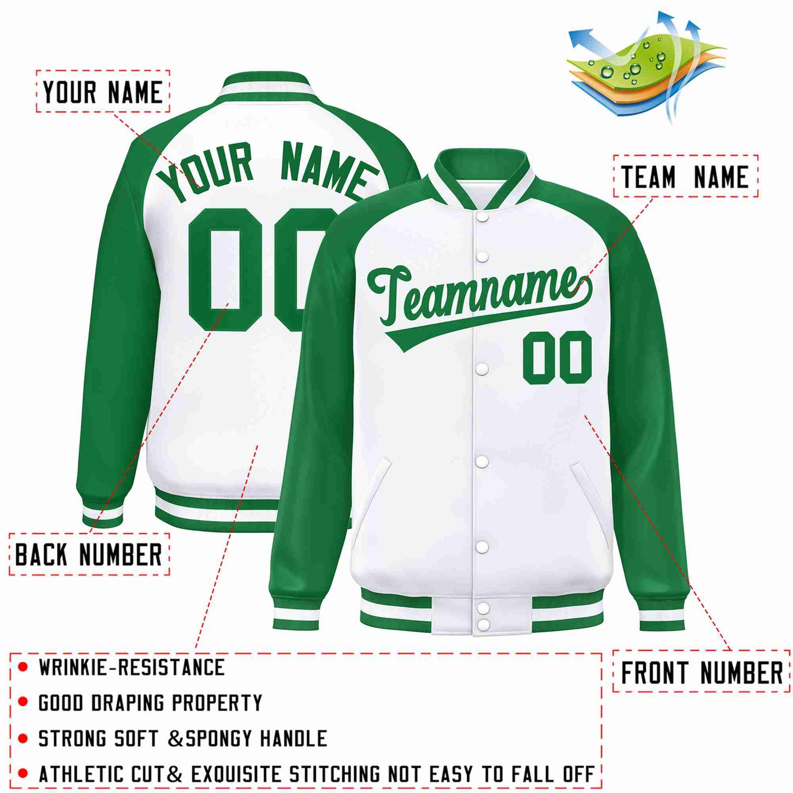 Custom White Green Raglan Sleeves Varsity Full-Snap Letterman Jacket