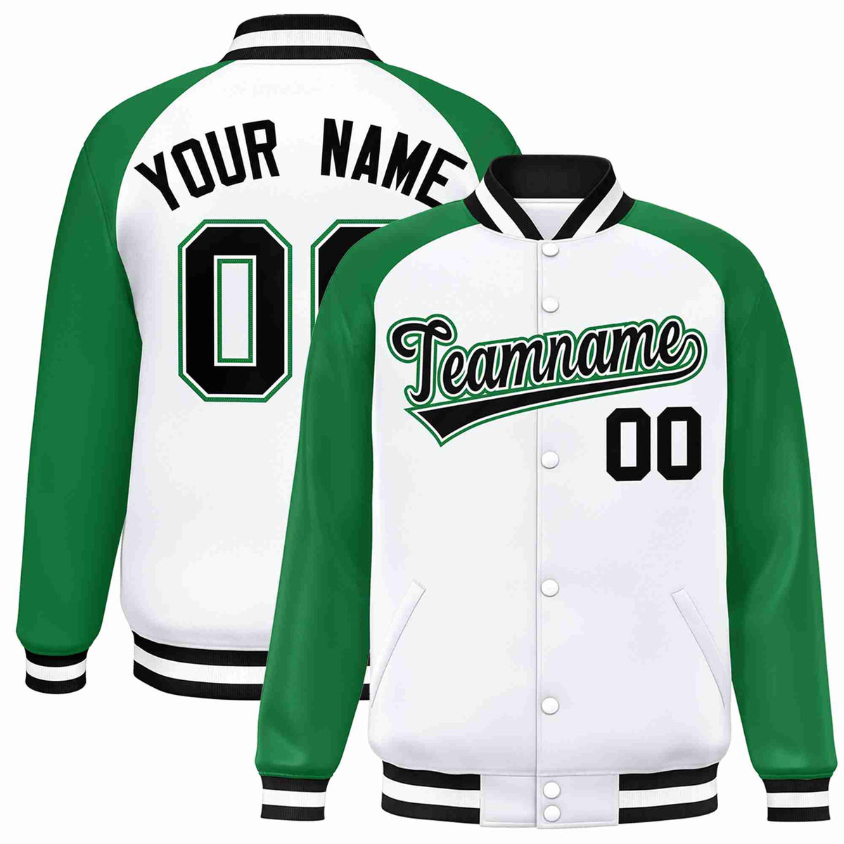 Custom White Black-White Raglan Sleeves Varsity Full-Snap Letterman Jacket