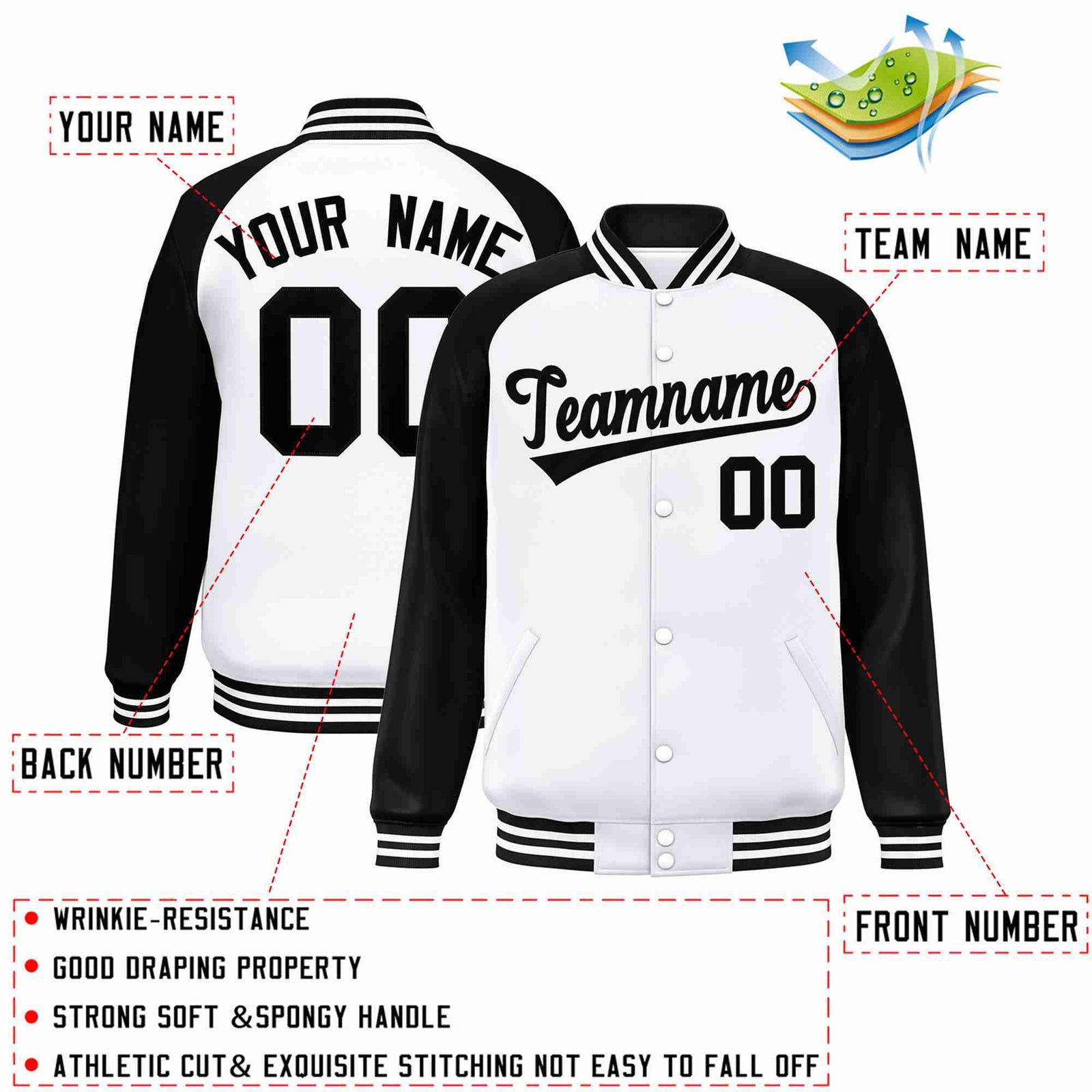 Custom White Black Raglan Sleeves Varsity Full-Snap Letterman Jacket