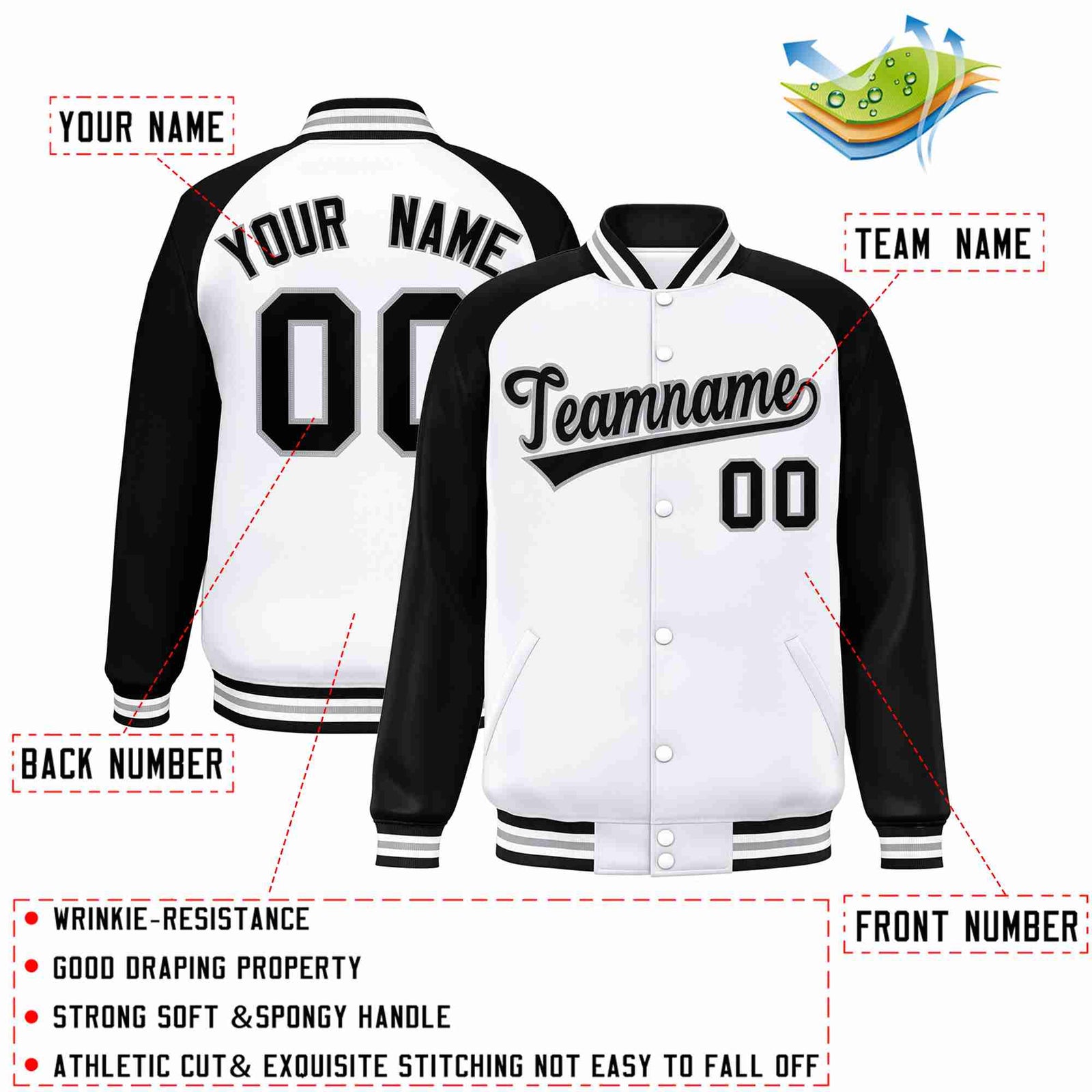 Custom White Black-Gray Raglan Sleeves Varsity Full-Snap Letterman Jacket