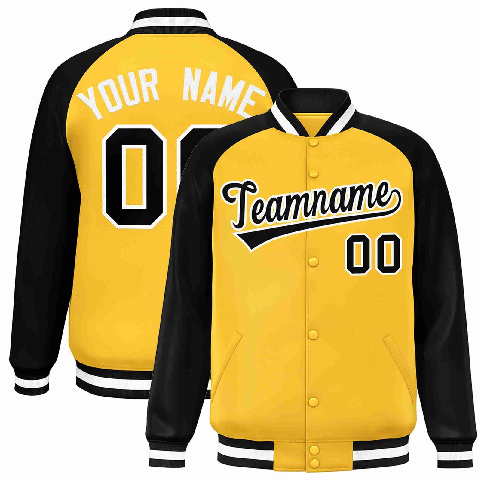 Custom Gold Black-White Raglan Sleeves Varsity Full-Snap Letterman Jacket