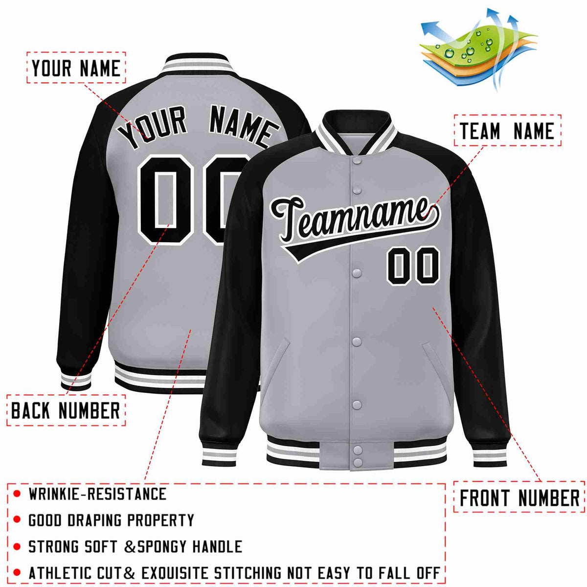 Custom Gray Black-White Raglan Sleeves Varsity Full-Snap Letterman Jacket