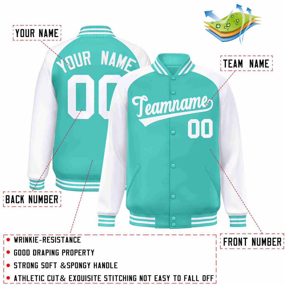 Custom Aqua White Raglan Sleeves Varsity Full-Snap Letterman Jacket