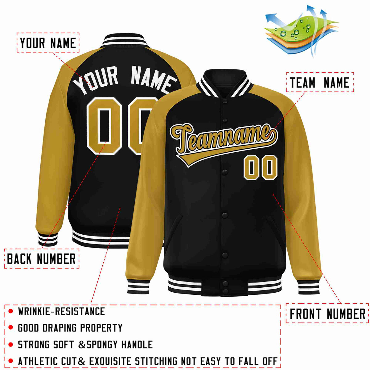 Custom Black Old Gold-Black Raglan Sleeves Varsity Full-Snap Letterman Jacket