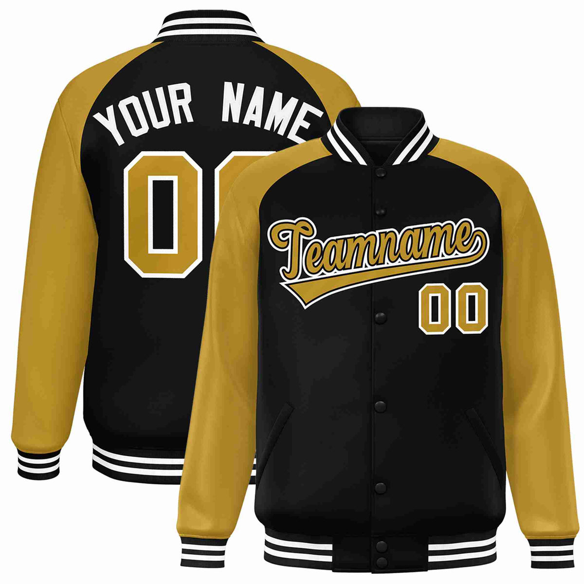 Custom Black Old Gold-Black Raglan Sleeves Varsity Full-Snap Letterman Jacket