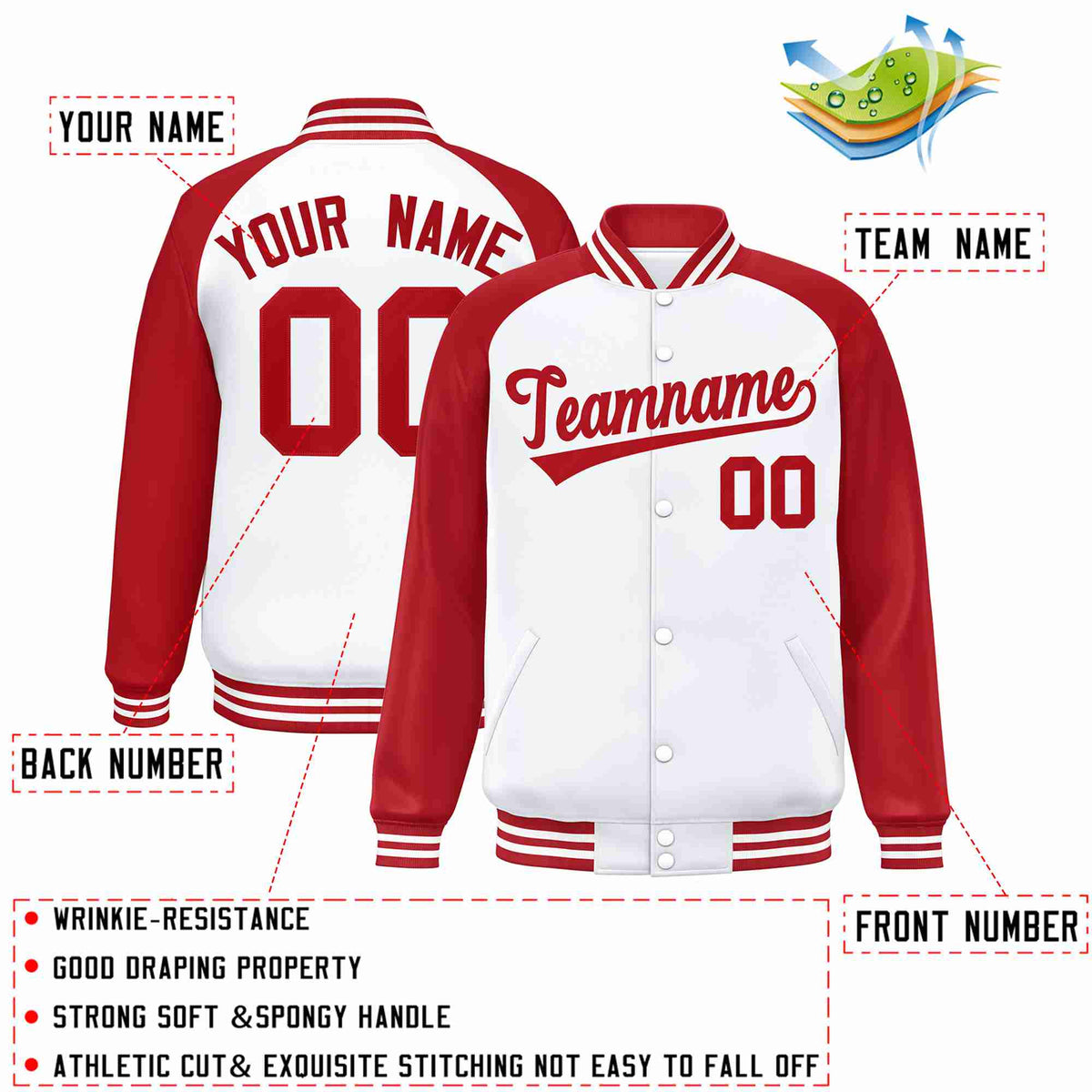 Custom White Red Raglan Sleeves Varsity Full-Snap Letterman Jacket