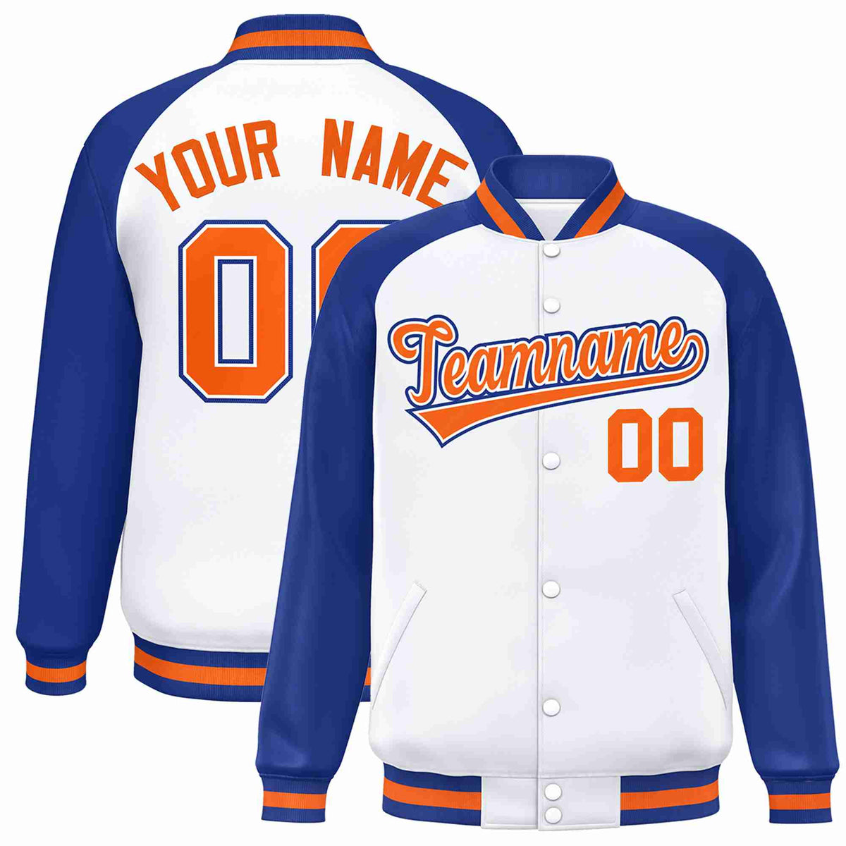 Custom White Orange-White Raglan Sleeves Varsity Full-Snap Letterman Jacket