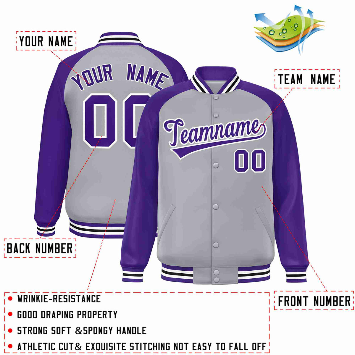 Custom Gray Purple-White Raglan Sleeves Varsity Full-Snap Letterman Jacket