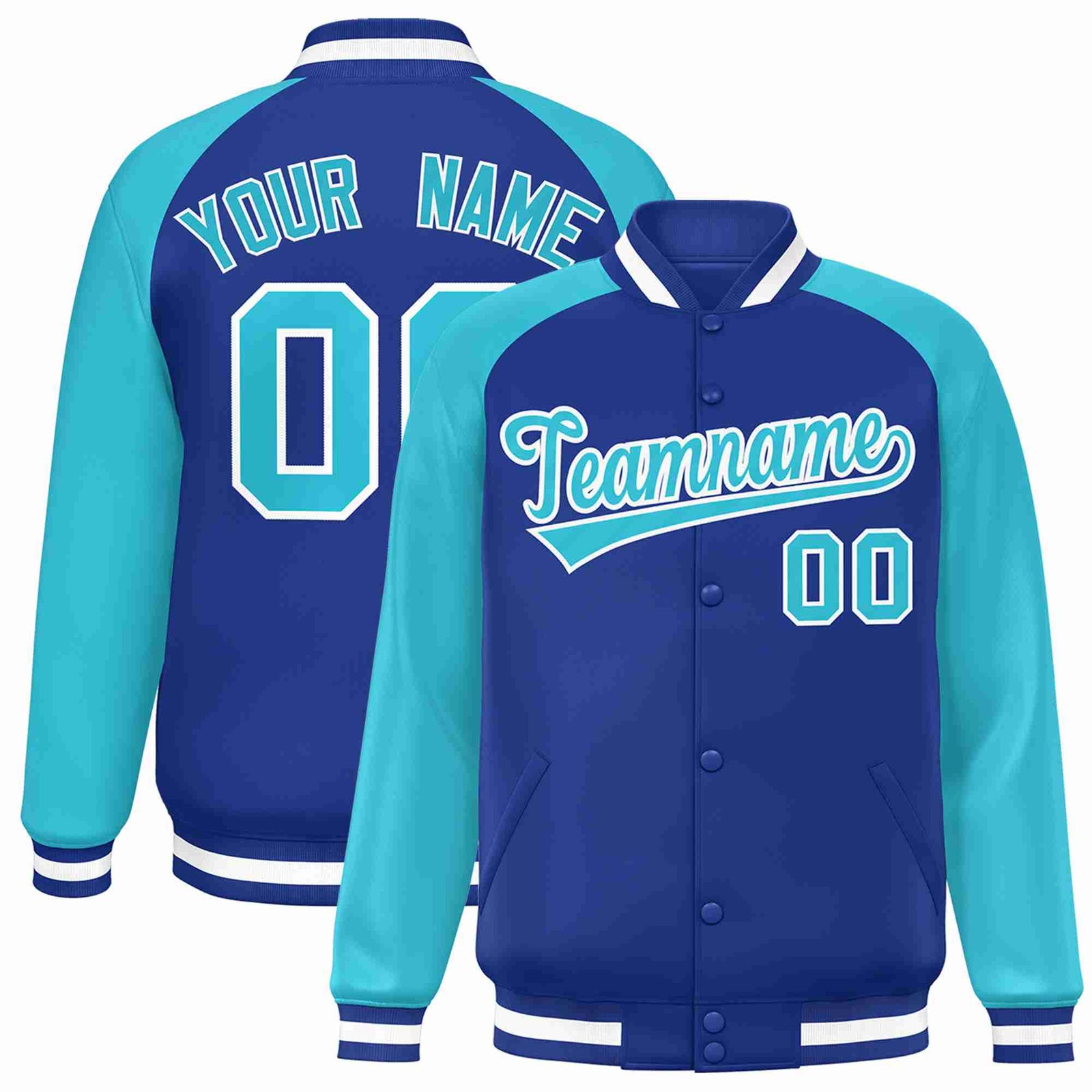 Custom Royal Royal-White Raglan Sleeves Varsity Full-Snap Letterman Jacket