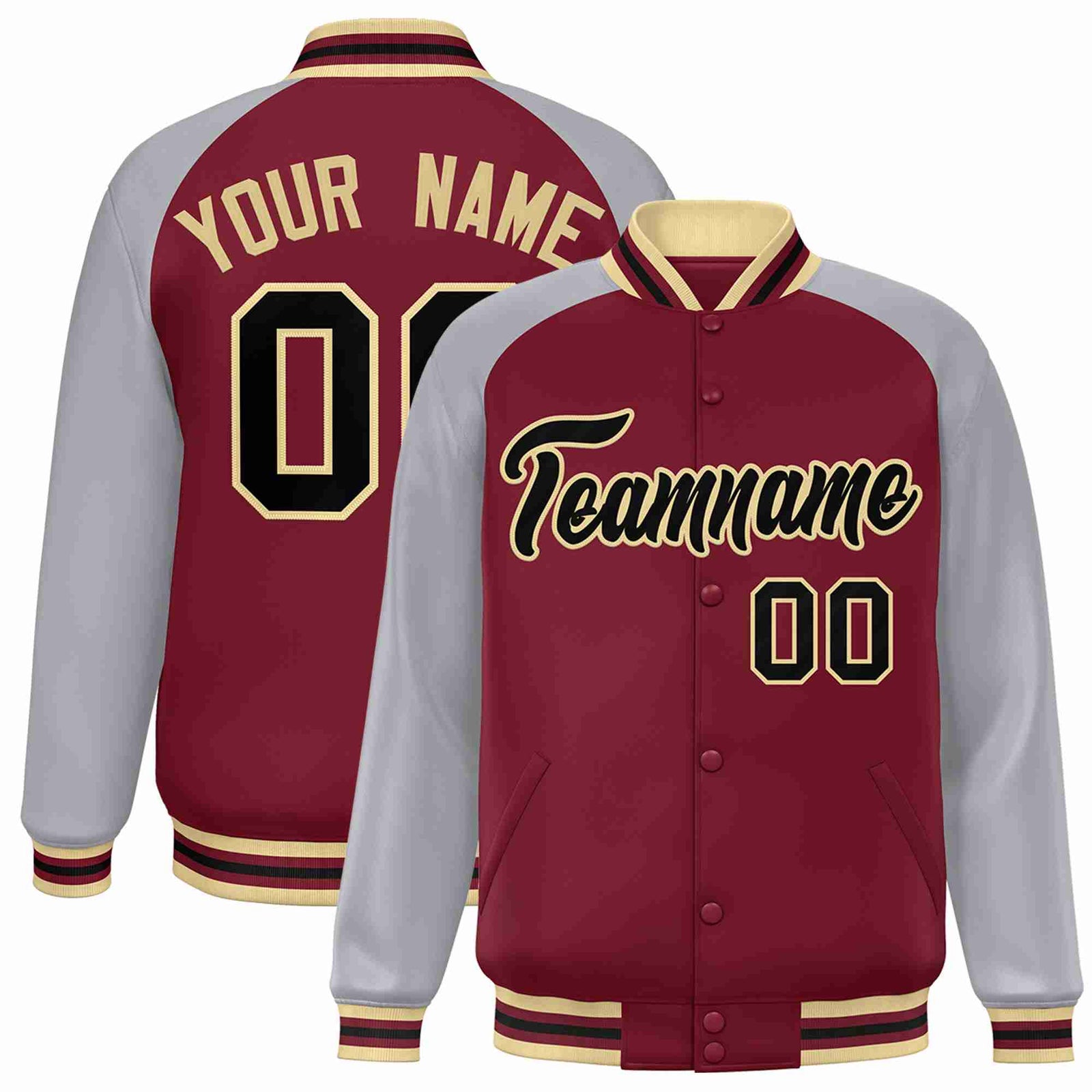 Custom Crimson Black-Khaki Raglan Sleeves Varsity Full-Snap Letterman Jacket