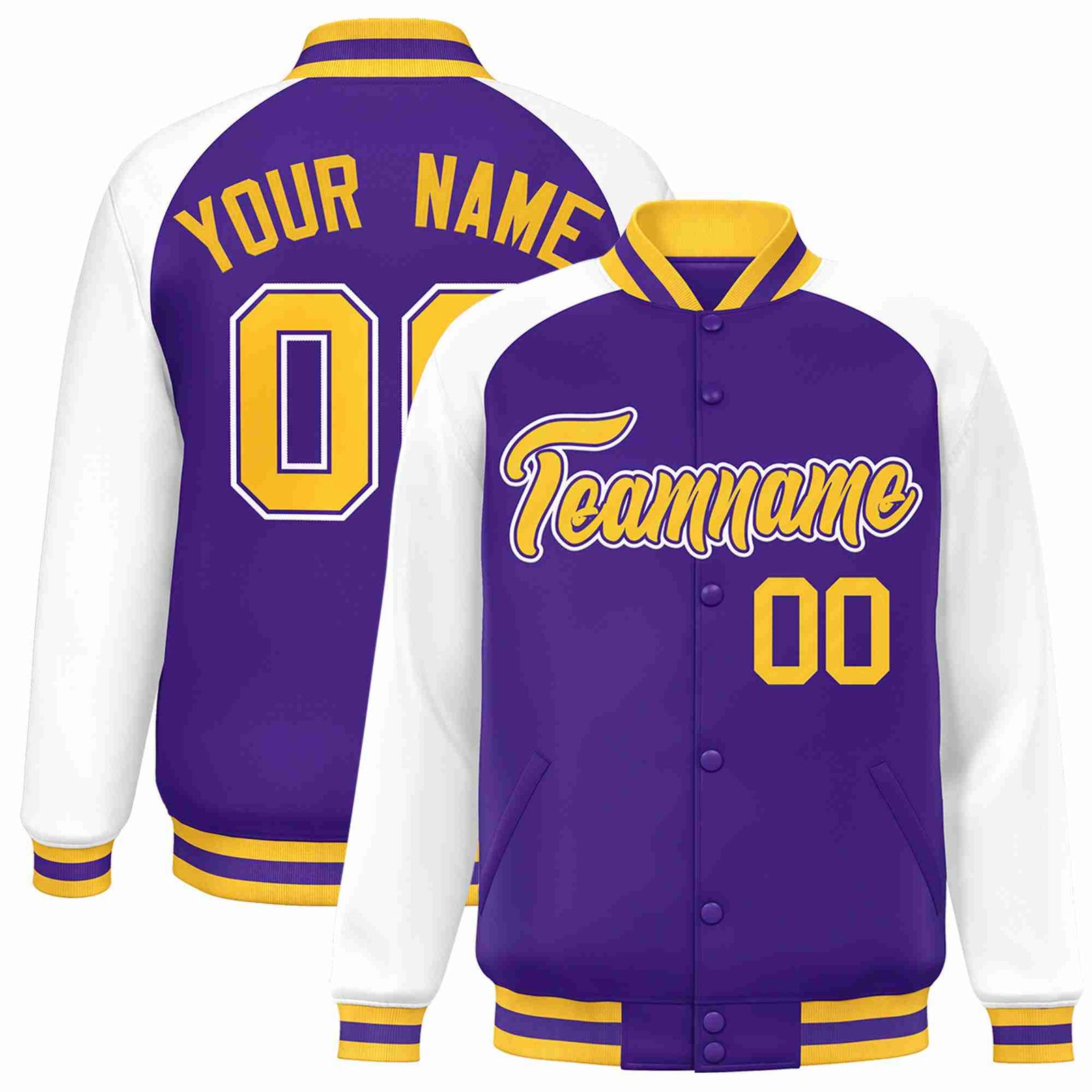 Custom Purple Gold-Purple Raglan Sleeves Varsity Full-Snap Letterman Jacket