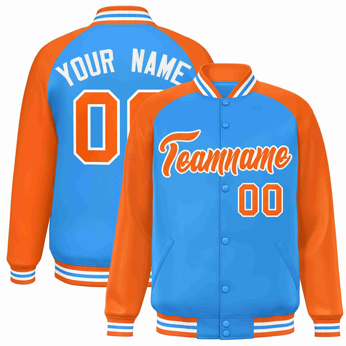 Custom Powder Blue Orange-White Raglan Sleeves Varsity Full-Snap Letterman Jacket