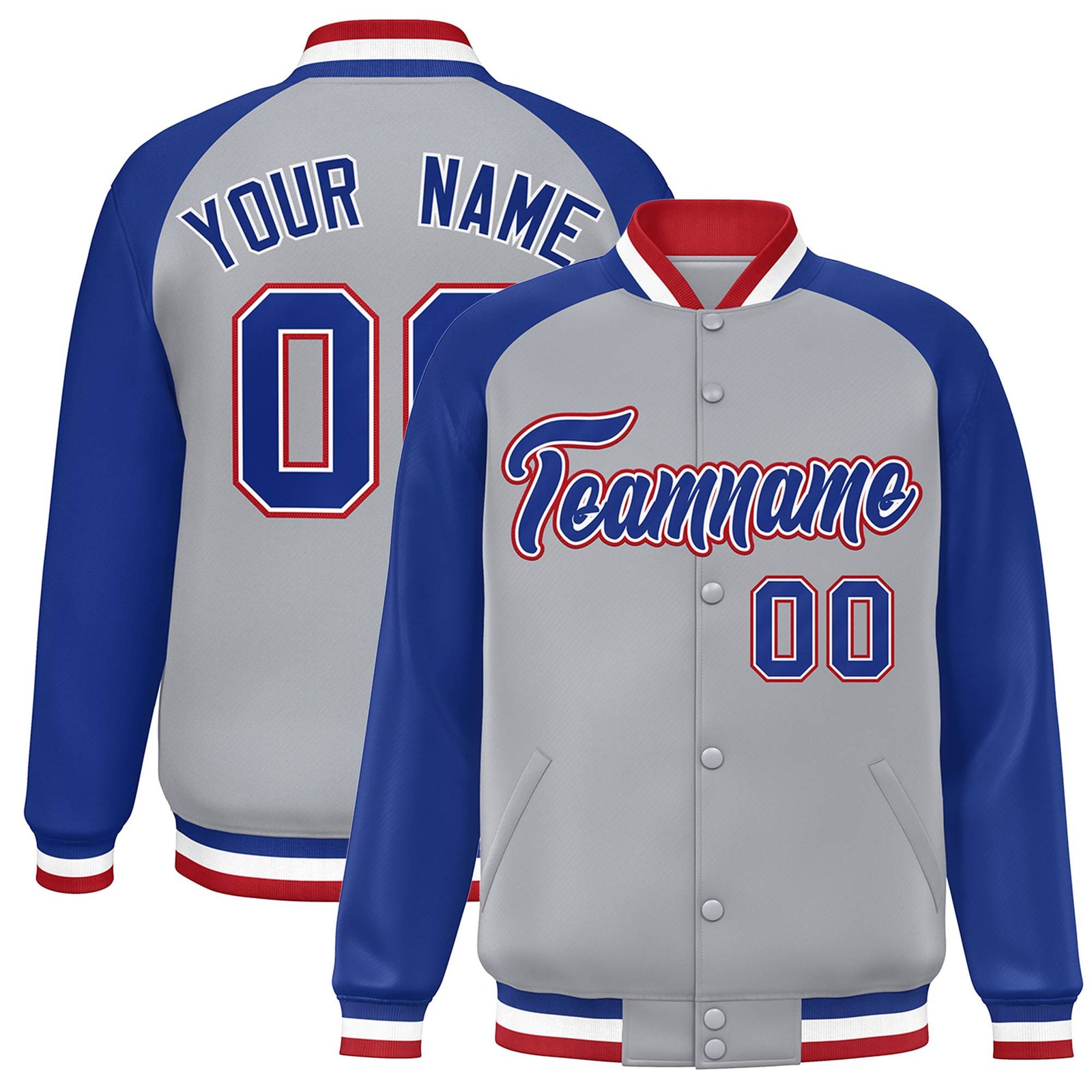 Custom Gray Royal-White Raglan Sleeves Varsity Full-Snap Letterman Jacket