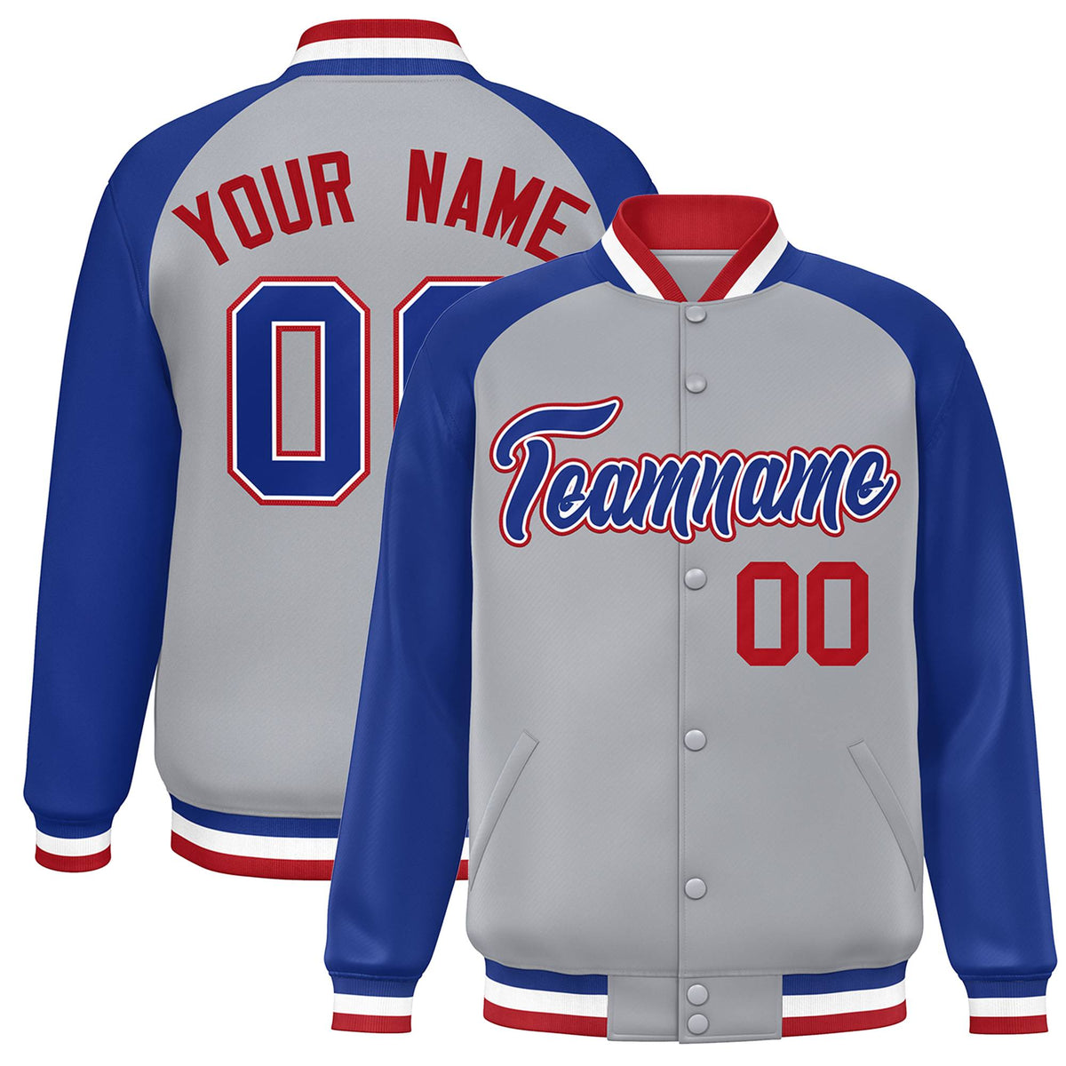 Custom Gray Royal-White Raglan Sleeves Varsity Full-Snap Letterman Jacket