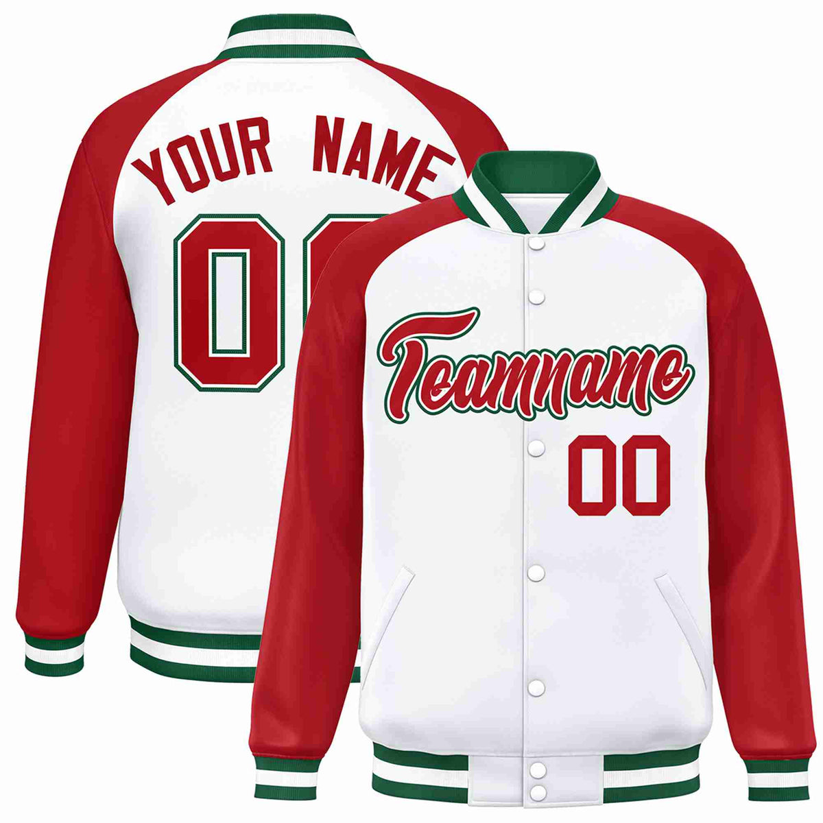 Custom White Red-White Raglan Sleeves Varsity Full-Snap Letterman Jacket