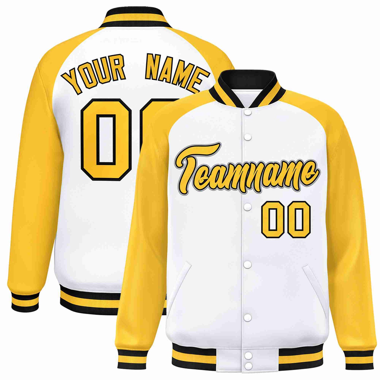 Custom White Gold-Black Raglan Sleeves Varsity Full-Snap Letterman Jacket