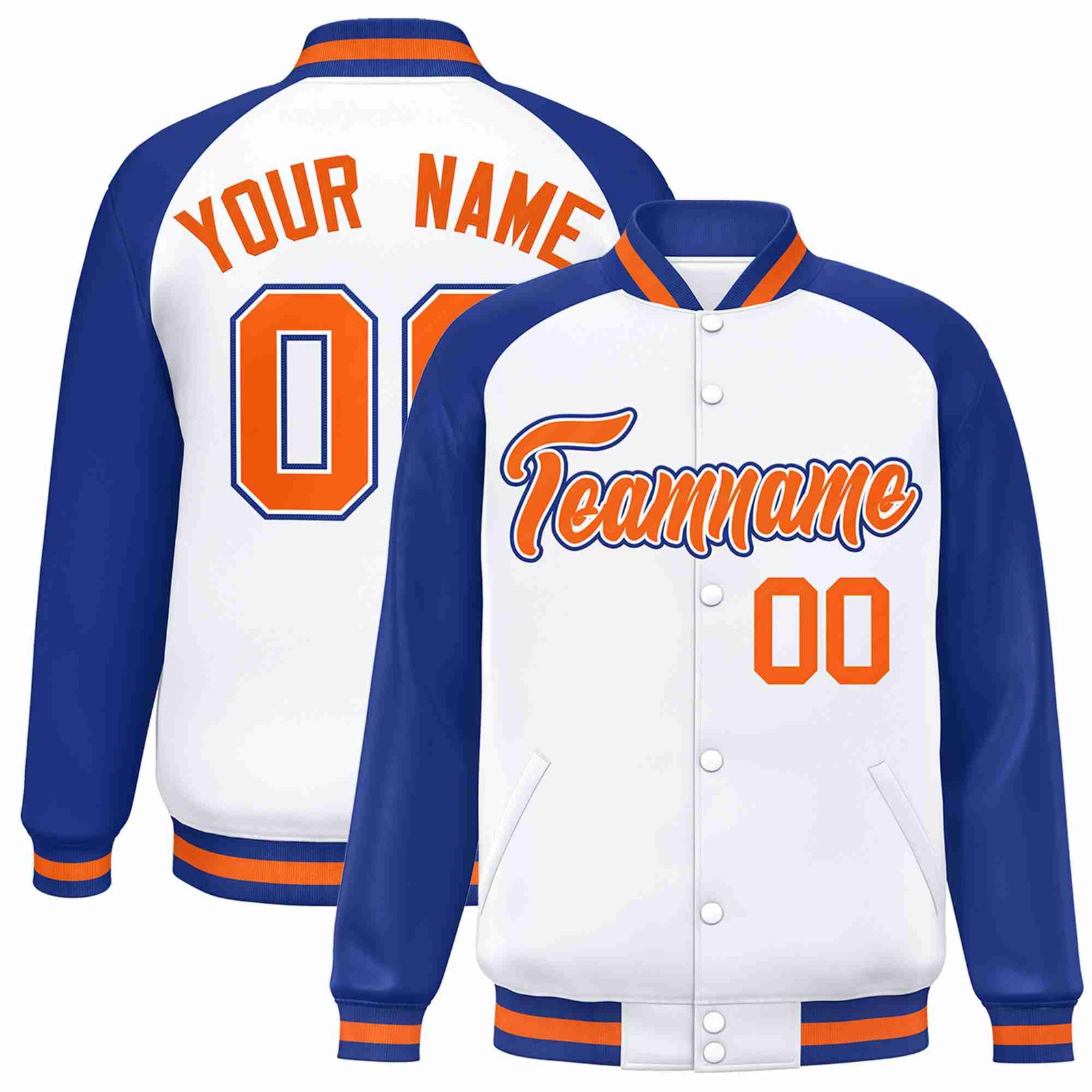 Custom White Orange-White Raglan Sleeves Varsity Full-Snap Letterman Jacket