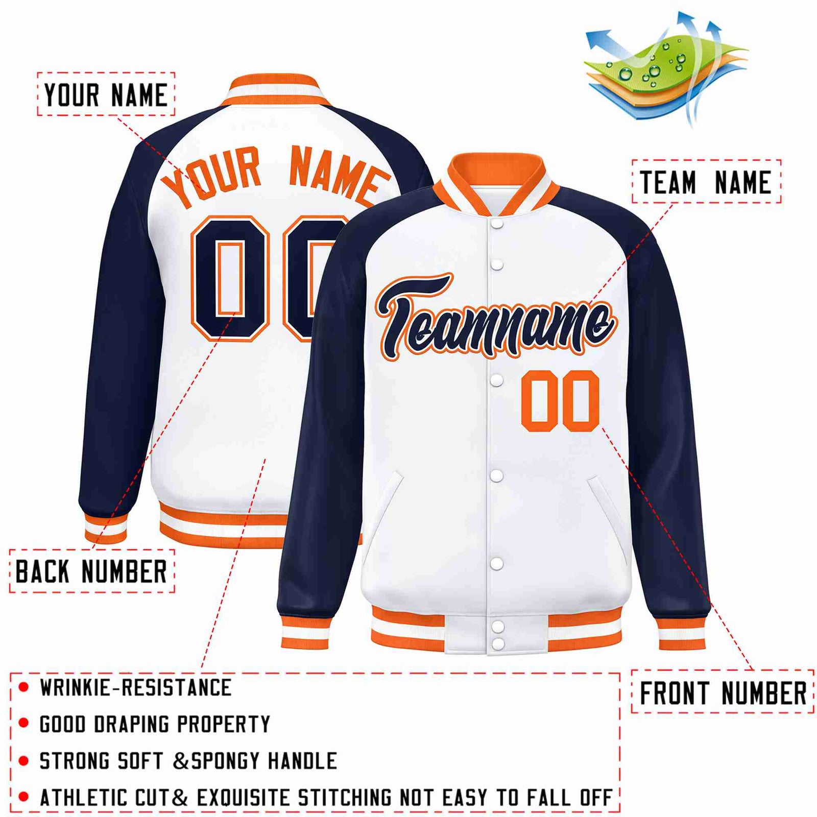 Custom White Navy-White Raglan Sleeves Varsity Full-Snap Letterman Jacket