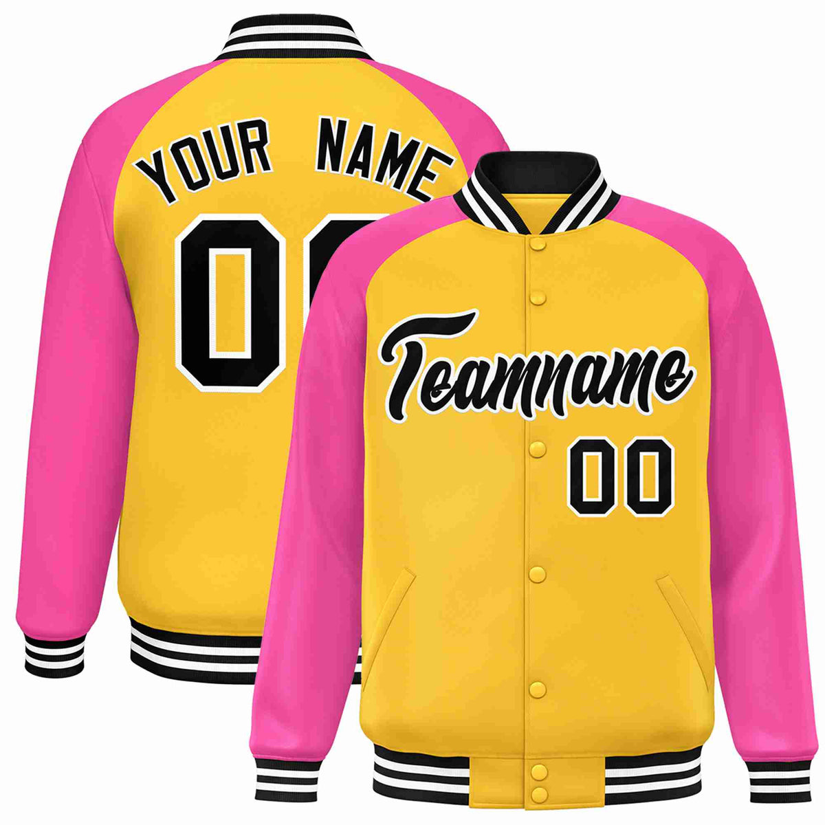 Custom Gold Black-White Raglan Sleeves Varsity Full-Snap Letterman Jacket