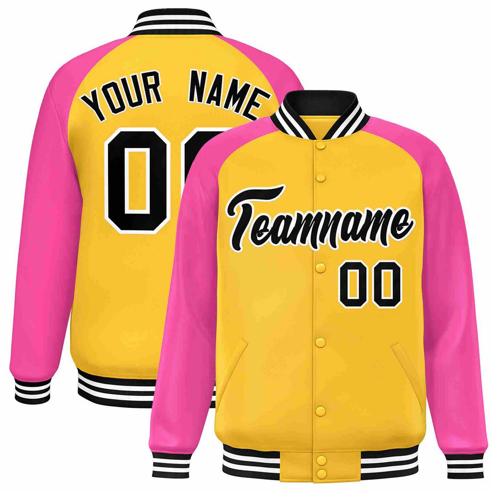 Custom Gold Black-White Raglan Sleeves Varsity Full-Snap Letterman Jacket