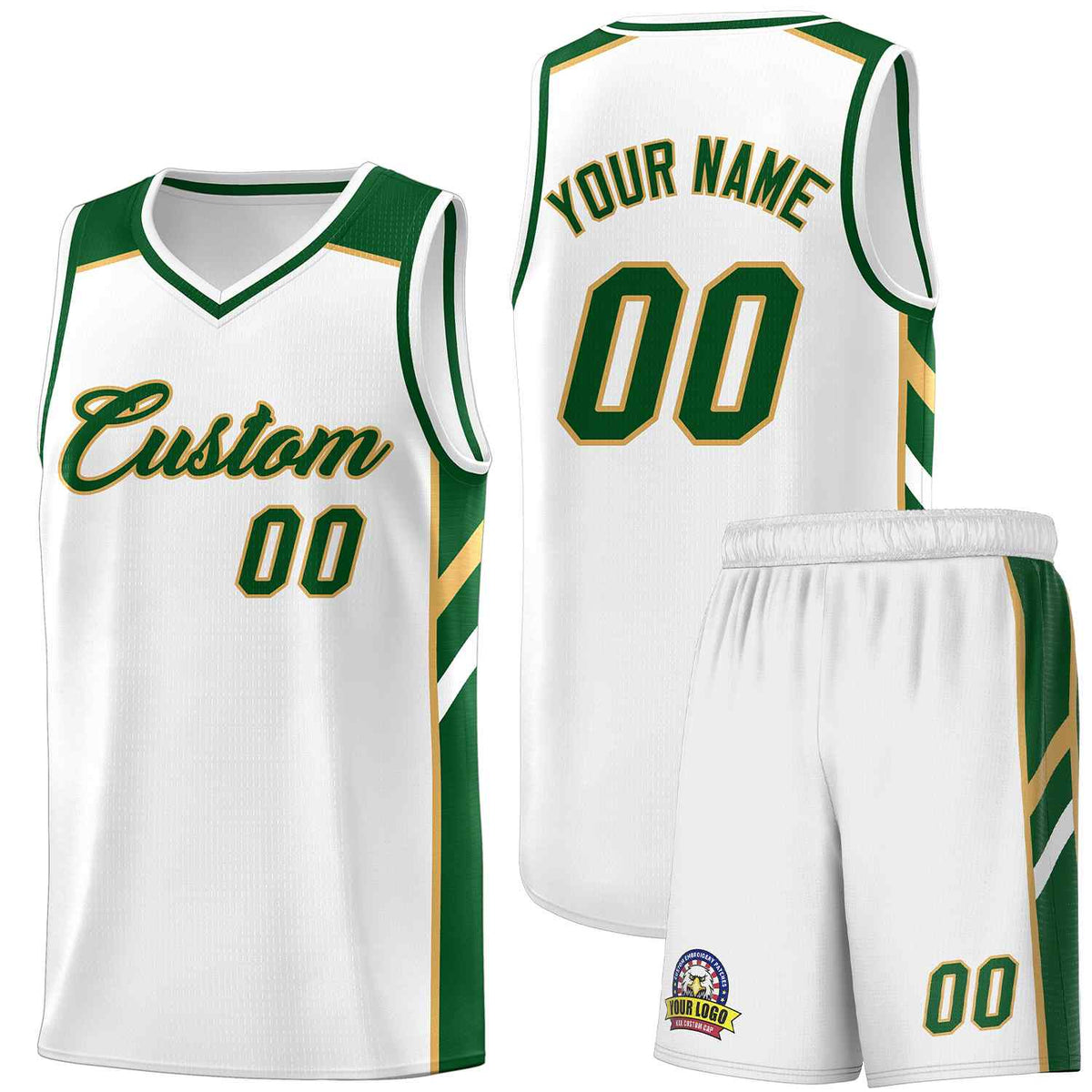 Custom White Green-Old Gold Classic Sets Sports Uniform Basketball Jersey